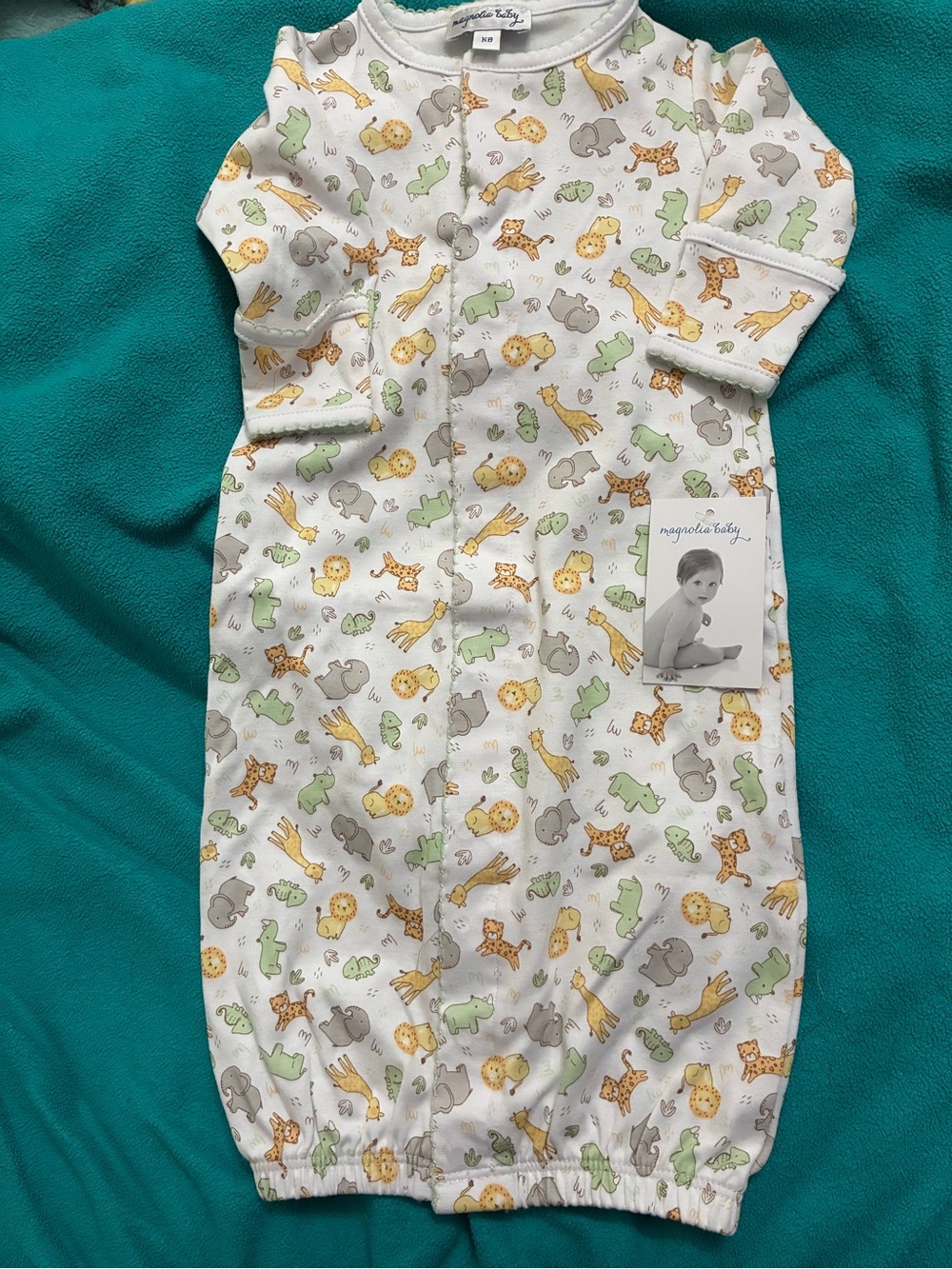 Magnolia Baby White Safari Print Infant Gown - Green, Yellow, Gray